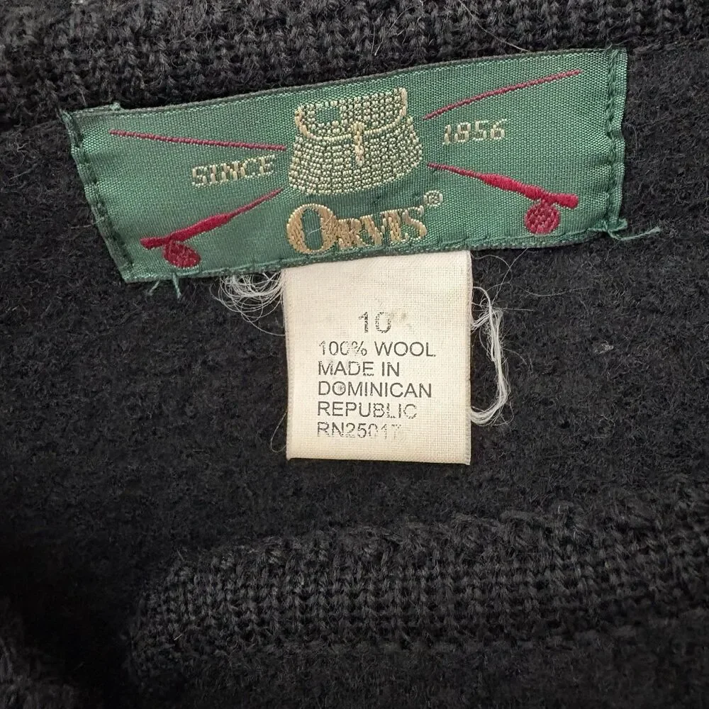 Vintage Orvis Black 100 % Wool Button Front Cardigan Sweater Size 10 Womens